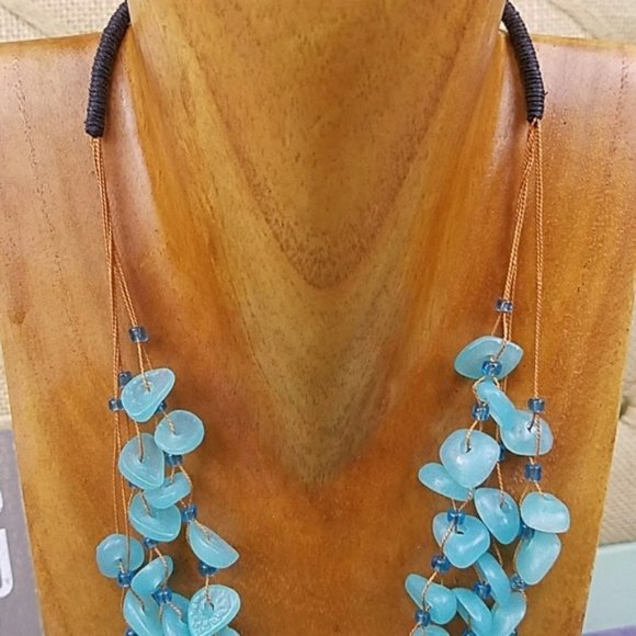 Aqua Blue Tiered Statement Necklace Layered Beads Preppy Boho Colorful Vacation - Picture 4 of 5